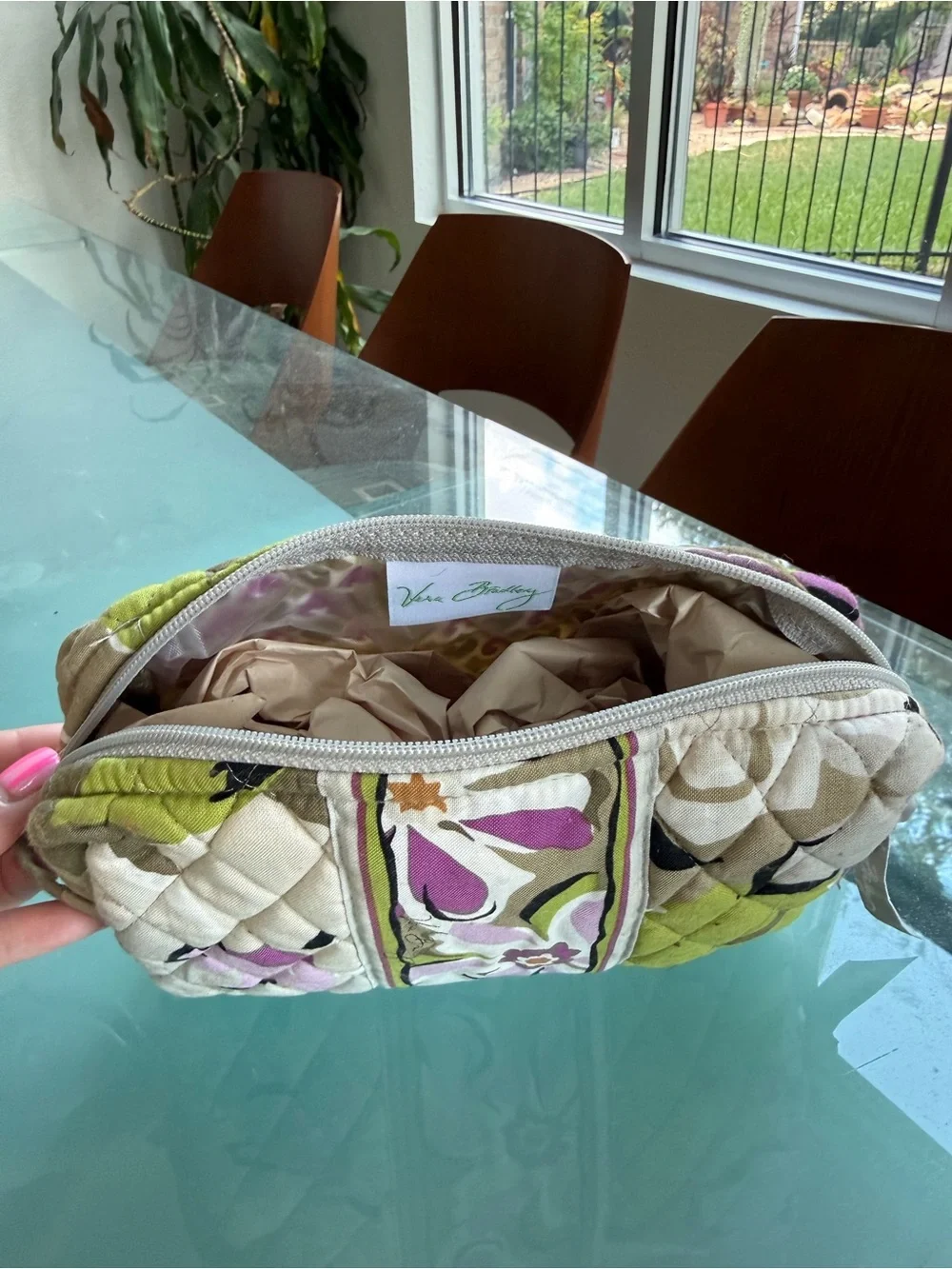 Vera Bradley Quilted Floral Cosmetic Bag in Green, Purple & Cream